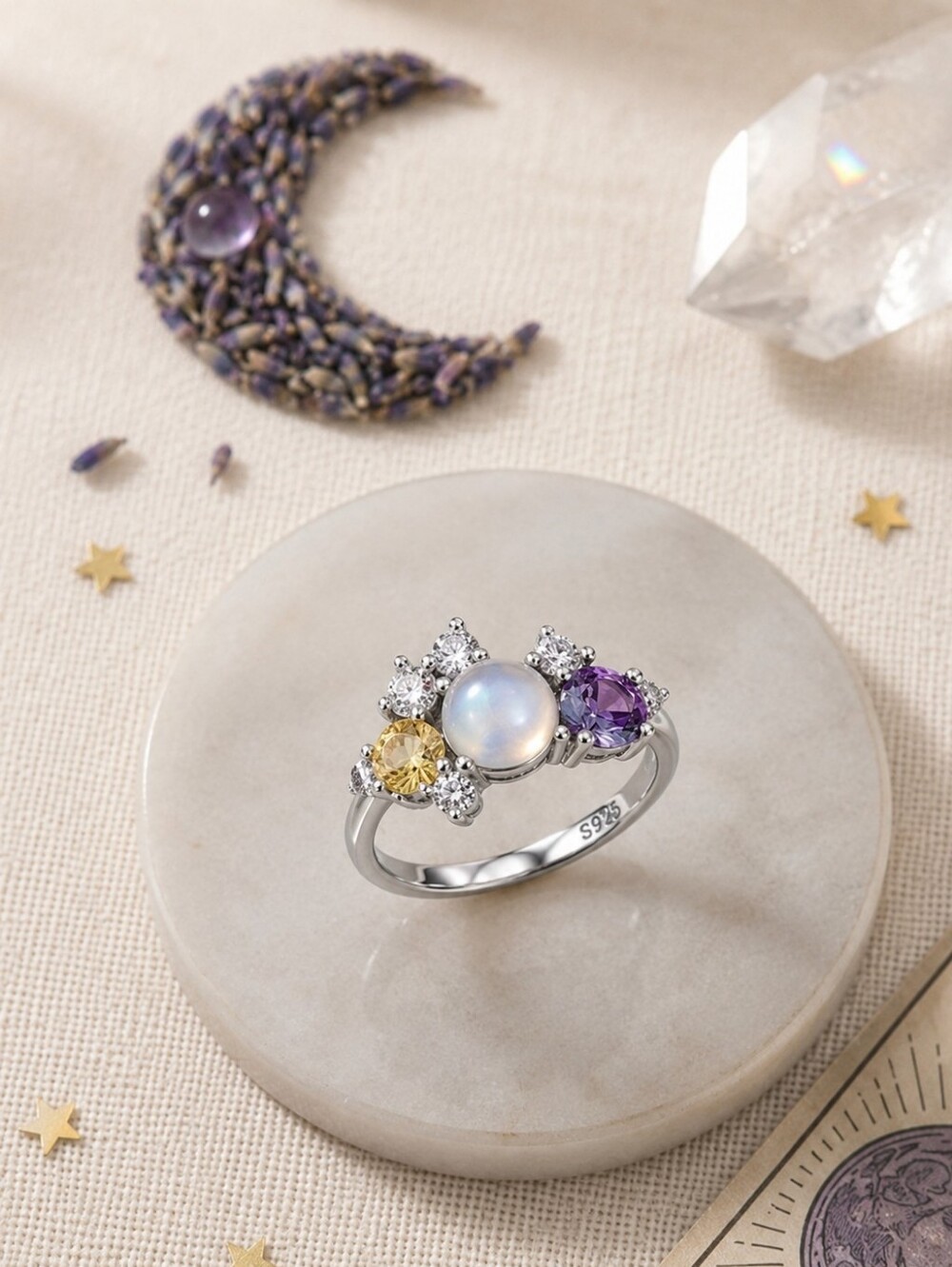 925 Sterling Silver Genuine Moonstone Celestial Multi Stone Cluster Ring Size 6